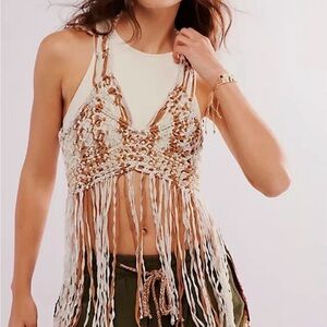 NWOT Free People Bali Coral Macrame Festival BOHO Top Gold Lurex Combo Size XS
